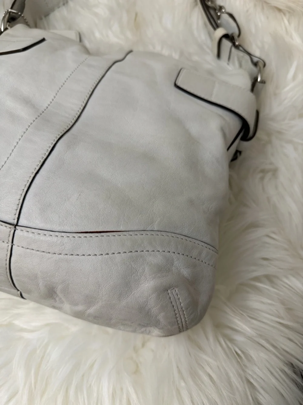 Vintage Coach White Leather Shoulder Bag with Silver Buckle Accents# 1452